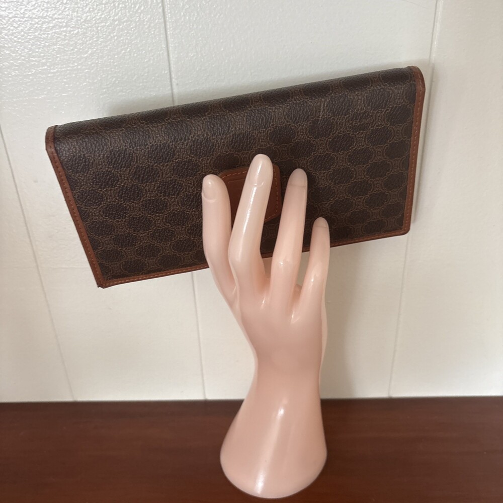 Celine Paris Long Wallet Macadam Brown Bi Fold Snap Coated Canvas Leather Trim - Picture 7 of 16